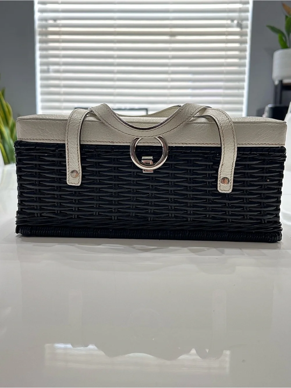Vintage Kate Spade Black Wicker Basket Bag Top Handle Cream Leather Trim